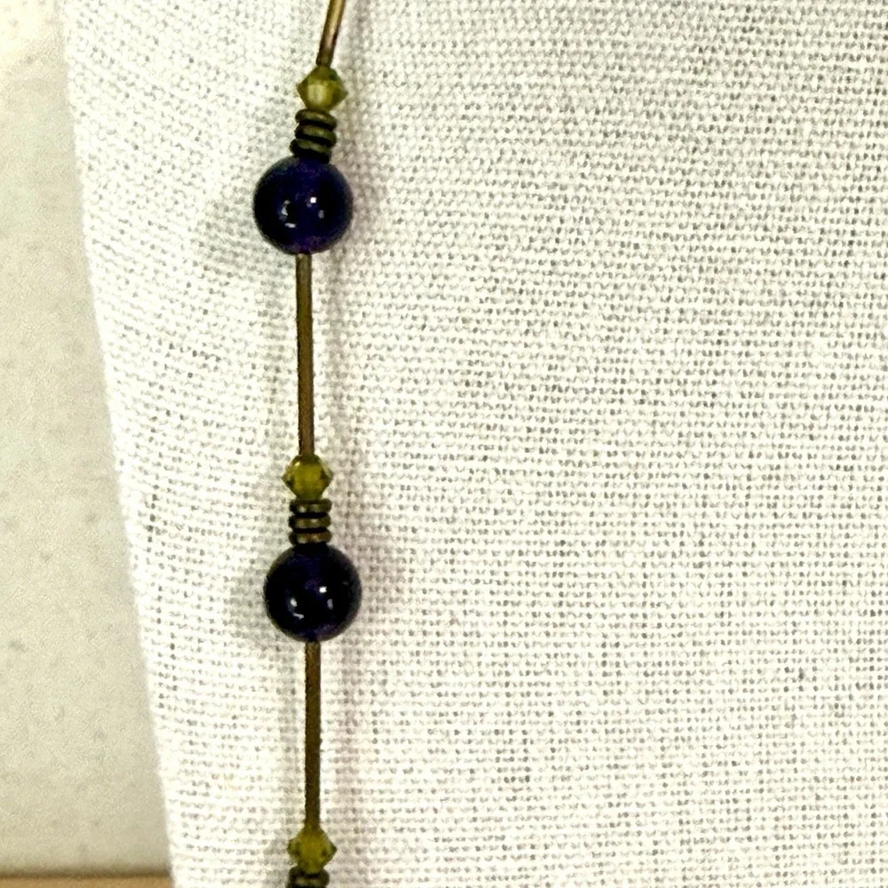 Vtg Amethyst Beaded Necklace Brass Tone Green Crystal Accent Boho Chic Fairy 23